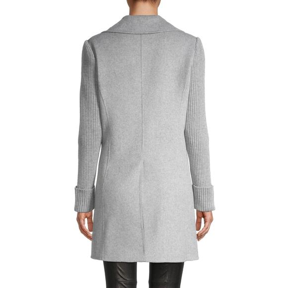 New Tahari Anna Wool Coat Gray Single Breasted Pocket Ribbed Knit Sleeve Sz M - Picture 3 of 8